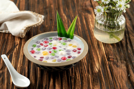 Thailand Bua Loi or Bua Loy, Sweet Dessert with Colorful Pearl Balls, Coconut Milk, and Sugarの写真素材