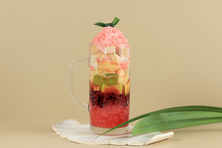 Es Doger, Es Campur Cirebon Traditional Street Beverage Made from Coconut Milk, Tapioca Pearl, Fermented Black Sticky Rice, Bread, Avocado, with Condensed Milk and Shredded Iceの写真素材