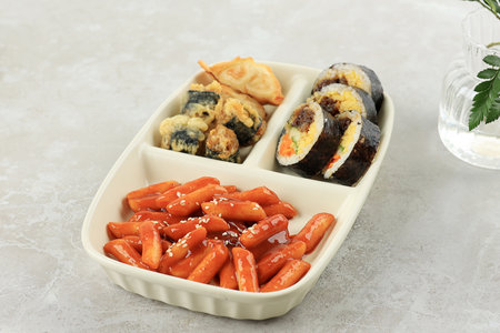 Korean Set Street Food Snack Bar Menu, Tteokbokki, Gimmari, and Gimbapの写真素材