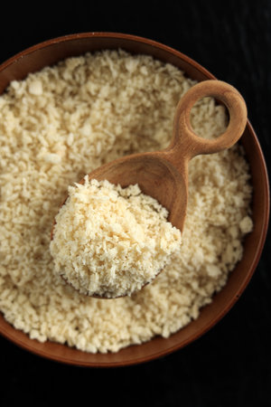 Breadcrumb on Brown Table, Top Viewの写真素材