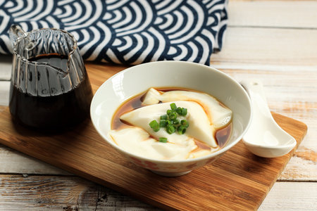 Jimami Dofu Pudding, Okinawa Traditional Tofu with Slices Green Onionの写真素材