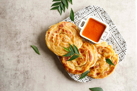 Homemade Paratha Bread with Curry, Copy Space for Textの写真素材
