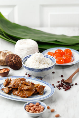 Ingredient Making Zongzi, Chinese Rice Dumpling Bakcang for Dragon Boat Festival Celebration. Bamboo...
