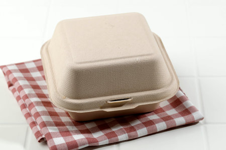 Food Takeaway Packaging Made from Paper Pulp Bagasse, Reduce Global Warming. Go Green Concept
