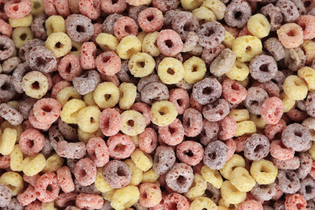 Food background of Colorful Cereal RIng Fruit Loops, Breakfast Conceptの写真素材