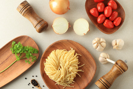 Top View Spaghetti Pasta Ingredients Preparationの写真素材