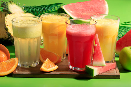 Various Summer Juice, Orange, Water Melon, Pinapple, and Apple Juice. Refreshment Drink on Tall...