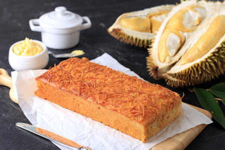 Durian Cake Loaf, Butter Cake with Grated Cheese Toppingの写真素材
