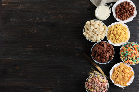 Various  Breakfast Cereal on Bowl with Fresh Milk, Copy Space for Text