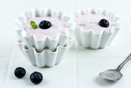 Bowl of Purple Blueberry Yogurt Isolated on White Table Background