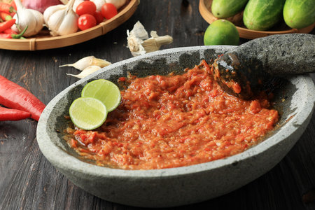 Sambal Tomat or Spicy Tomato paste on Stone Mortar and Pestle, Indonesian Traditional Grinder. Fresh Made.の写真素材