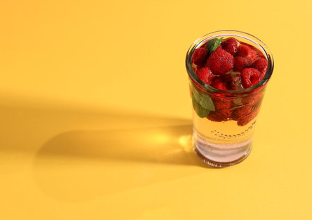Raspberry Mojito Soda on Yellow Background. Fresh Drink Raspberry Fizz Cocktail with Copy Space for Textの写真素材