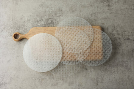 Rice Paper Food on Wooden Cutting Board. Top Viewの写真素材