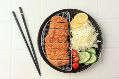 Top View Japanese Deep Fried Pork or Tonkatsu Set on White Tableの写真素材