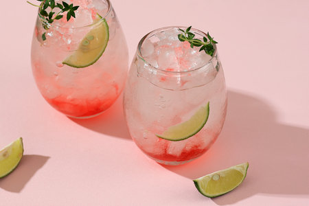 Berry Cocktail with Crushed Ice, Lime, and Thyme on Pink Backgroundの写真素材