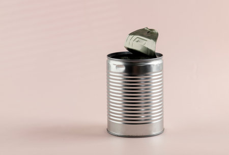 Empty Food Can Opened on Pink Background, Copy Space for Textの写真素材