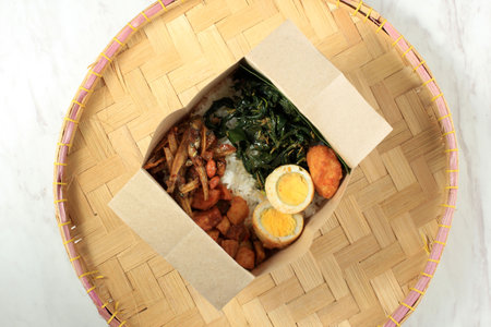 Nasi Bungkus, nasi Lemak Pack with Various Side Dish. Top Viewの写真素材