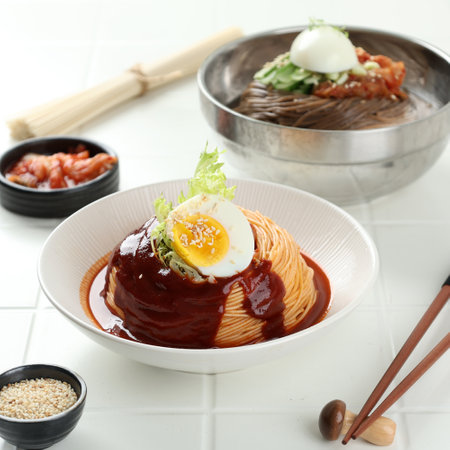 Spicy Noodle Bibim Guksu on White Bowl