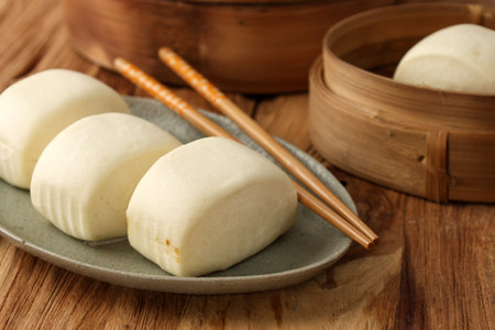 Close Up Steamed Mantou Buns on Ceramic Plate with