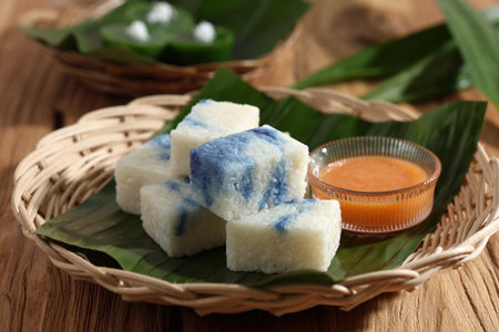 Pulut Tai Tai or Pulut Tekan Ketan Srikaya. Peranakan Blue Glutinous Rice Cake or Kue Pulut with Kaya Jamの写真素材