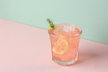 Refreshing Pink Drink or Cocktail with Ice, Garnished with a Slice of Lemon and Rosemary, Copy Space for Textの写真素材