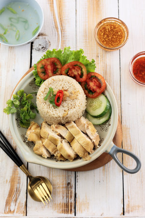 Top View Hainan Rice Chicken, Rice Steamed with Chicken Soup. Chinese Food Styleの写真素材