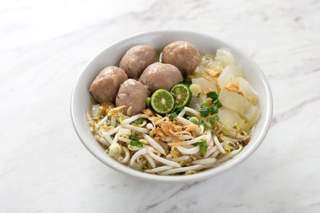 Mie Kocok Baso Bandung. Traditional Sundanese Dish of Beef Noodle Soup with Meatball and Bean Sprout...