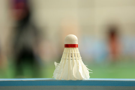 Used Badminton Shuttelcock with Court Backgroundの写真素材