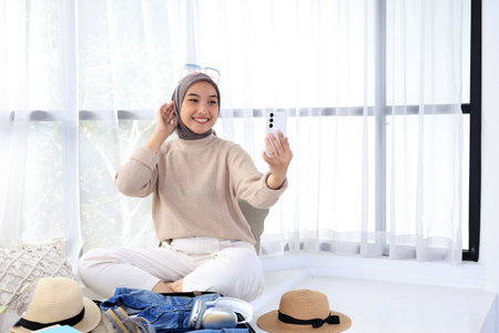 Young Asian Muslim Woman Wearing Hijab Taking Selfie in Hotel While Traveling,の写真素材