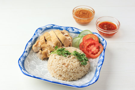 Hainanese Chicken Rice with Garlic and Chilli Oil on White Wooden Table Background. Chinese Thai Food Concept.の写真素材