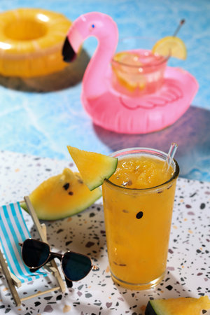 Fresh Made Yellow Watermelon Juice Beside teh Pool, Fresh Summer Drink Concept