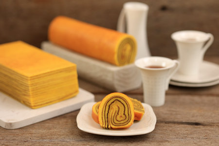 Small Mini Lapis Legit Roll, Delicious Traditional Cake from Indonesia with Spice and Cinnamon.