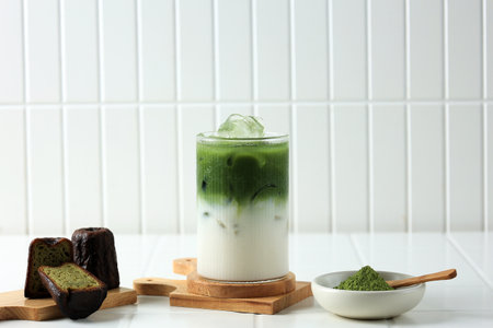 Matcha Latte with Green Tea Cannele. Coffee Shop Menu on White Background, Copy Space for Text