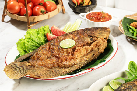 Close Up Ikan Gurami Goreng, Deep Fried Gourami  with Sambalの写真素材