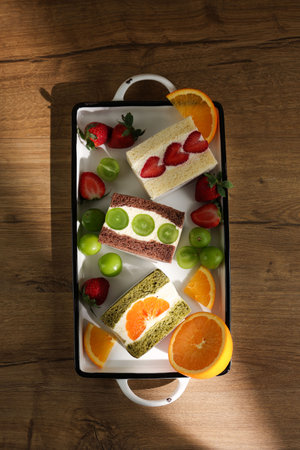 Top View Various Fruit Sandwith or Fruit Sando on White Plateの写真素材