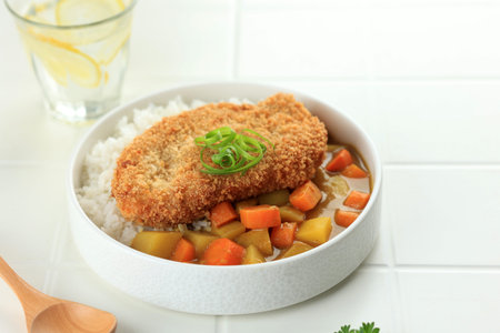 Crispy Fried Chicken or Pork Tonkatsu Cutlet with Japanese Curry and Rice, Japanese and Korean Food...