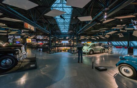 MARCH 16, 2019 - RIGA, LATVIA: Interior of Riga Motor museum, exposition of antique vehiclesのeditorial素材