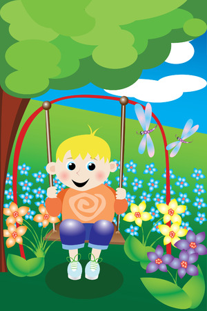 An illustration of a young boy on a swingのイラスト素材