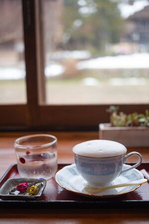 A cup of hot latte coffeeの写真素材
