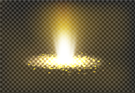 Vector illustration of a golden light ray with glitter, a light beam, a glow effect, an explosion, a flash on a transparent backgroundのイラスト素材