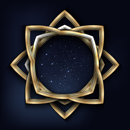 Vector illustration of a golden vintage frame with night starry sky inside it isolated on black.のイラスト素材
