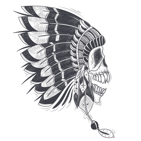 Vector Illustration of a template for a tattoo with a human skull in an indian feather hat. Design element, print for T-shirtsのイラスト素材