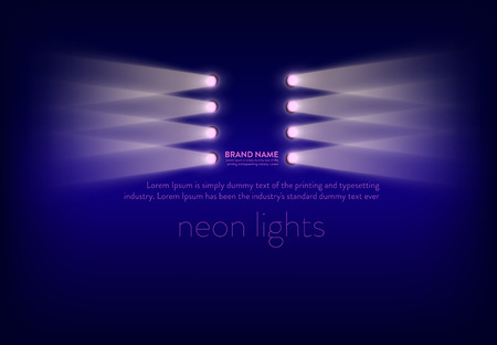 Vector illustration, abstract purple banner with neon spotlights, flashlights, light beams, rays of light. Design element for advertising posterのイラスト素材