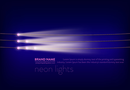 Vector illustration, abstract purple banner with neon spotlights, flashlights on the wire, light beams, rays of light. Design element for advertising posterのイラスト素材