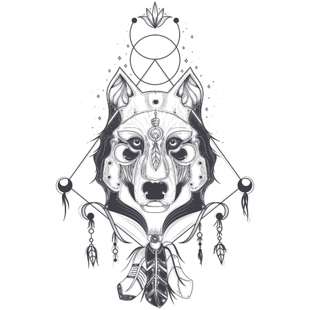 Vector illustration of a front view of a wolf head, geometric sketch of a tattoo, print. Abstract ethnic tribal pattern.のイラスト素材