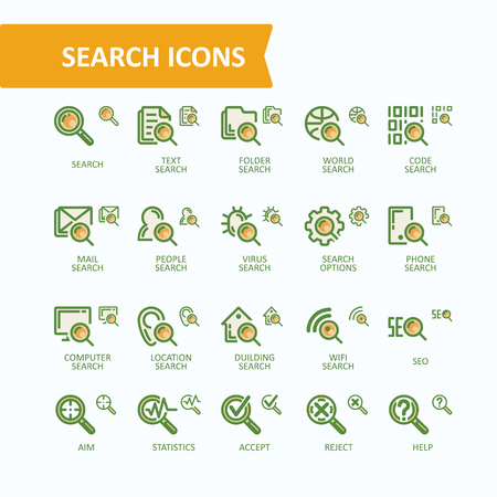Set of vector illustrations fine line search icons, concept of analysis, search of information, data. 32x32 and 16x16 pixel perfectのイラスト素材