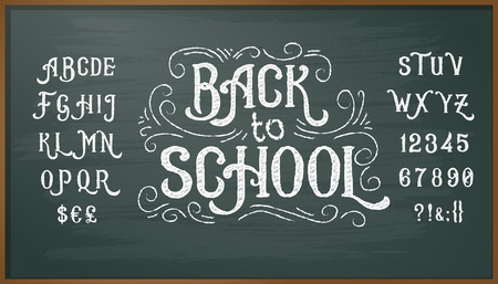 Vector illustration of retro font, capital letters, numbers and symbols written in white chalk on a blackboard. Template, design element for a signboard, advertisingのイラスト素材