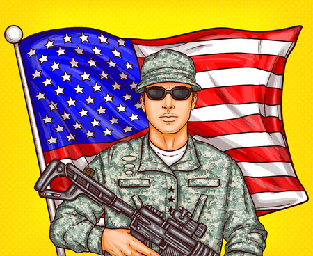 Vector pop art patriotic illustration a male soldier with arms in hands against a fluttering American flag. It can be used for Independence Day, Memorial Day, Armed Forces Day and Flag Dayのイラスト素材