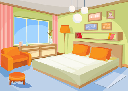 Vector cartoon illustration interior orange-blue bedroom, a living room with a bed, soft chair, stool, chest of drawers, floor lamp.のイラスト素材