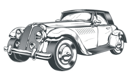 Vector black and white illustration of retro car in engraving style, isolated on white background. Print, template, design elementのイラスト素材